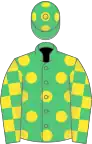 EMERALD GREEN, yellow spots, check sleeves, emerald green cap, yellow spots