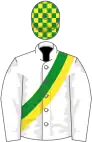 White, green and yellow sash, green and yellow checked cap