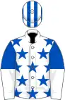 White, royal blue stars, royal blue and white halved sleeves, striped cap