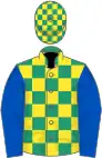 Emerald green and yellow check, royal blue sleeves