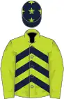 Lime green, dark blue chevrons, lime green sleeves, dark blue cap, lime green stars