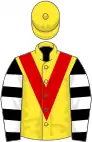 Yellow, red sash, black and white hooped sleeves, red cap