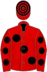 RED, large black spots, black spots on sleeves, hooped cap