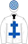 WHITE, royal blue cross of lorraine, hooped cap