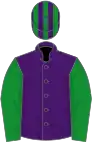 Purple, green sleeves, striped cap