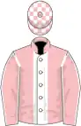 Pink, white stripe, pink sleeves, white seams, check cap