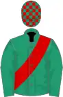 Emerald green, red sash, check cap