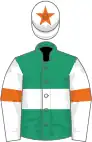 Emerald green, white hoop, white sleeves, orange armlets and star on white cap