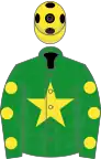 Green, yellow star and spots on sleeves, yellow cap, black spots