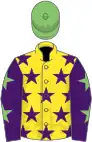 Yellow, purple stars, purple sleeves, light green stars, light green cap