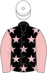 Black, pink stars, pink sleeves, white cap, black stars