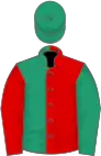 Red and emerald green halved, sleeves reversed, emerald green cap