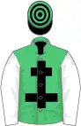 Emerald green, black cross of lorraine, white sleeves, black and emerald green hooped cap