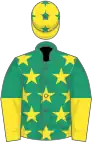 Emerald green, yellow stars, emerald green and yellow halved sleeves, yellow cap, emerald green stars