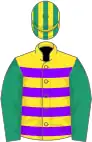 yellow, violet hoops, emerald green sleeves, yellow cap, emerald green stripes