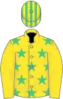 Yellow, emerald green stars, yellow sleeves, striped cap