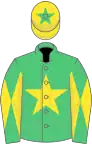 Emerald green, yellow star, diabolo on sleeves, yellow cap, green star