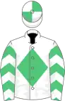 White, emerald green diamond, emerald green chevrons on sleeves, quartered cap