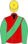 RED, emerald green sash and sleeves, yellow cap