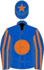 Royal blue, orange disc, striped sleeves, star on cap