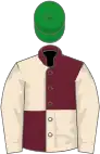 Claret and champagne (quartered), champagne sleeves, green cap