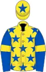 Yellow, royal blue stars, royal blue sleeves, yellow armlets, yellow cap, royal blue star