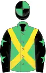 Emerald green, yellow cross belts, black sleeves, emerald green stars, black and emerald green quartered cap