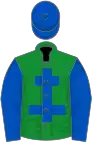 Green, royal blue cross of lorraine, royal blue sleeves and cap