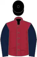 Maroon, dark blue sleeves, black cap