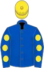 Blue, blue sleeves, yellow spots, yellow cap