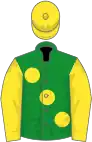 Green, large yellow spots, yellow sleeves, green chevron, yellow cap