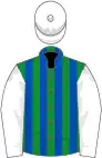 Green and royal blue stripes, white sleeves and cap