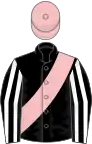 Black, white striped sleeves, pink sash and cap