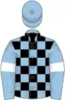 Light blue and black check, light blue sleeves, white armlets, light blue cap