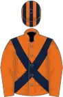 Orange, dark blue cross-belts, orange sleeves, orange cap, dark blue striped