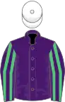 Purple, emerald green striped sleeves, white cap