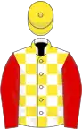 White and yellow checked, red sleeves, yellow cap