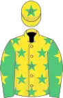 Yellow, emerald green stars, emerald green sleeves, yellow stars, yellow cap, emerald green star