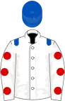 white, royal blue epaulets, white sleeves, red spots, royal blue cap