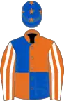 Orange and royal blue (quartered), orange and white striped sleeves, royal blue cap, orange stars