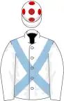 White, light blue cross belts, white cap, red spots