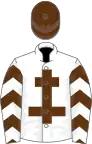 White, brown cross of lorraine, brown and white chevrons on sleeves, brown cap