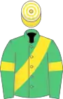 Emerald green, yellow sash and armlets, yellow and white hooped cap