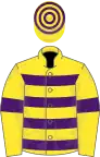 Yellow, purple hooped, yellow sleeves, purple armlets, yellow cap, purple hooped