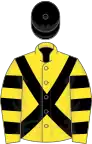 Yellow, black cross belts, hooped sleeves, black cap