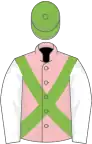 Pink, light green cross belts, white sleeves, light green cap