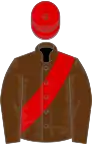 Brown, red sash and cap