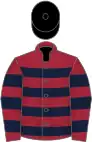 Maroon, dark blue hooped, maroon sleeves, dark blue hooped, black cap