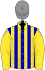 Blue and yellow stripes, yellow sleeves, grey cap