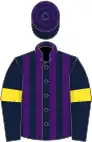 Dark blue and purple stripes, dark blue sleeves, yellow armlets, dark blue and purple hooped cap